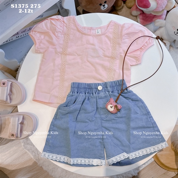 S1375 Set áo thô hồng hoa q jean