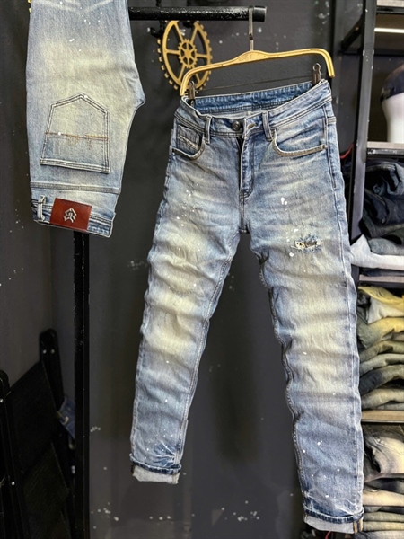 Jean Dài VIP -JD6971 xanh bạc rách viền thêu sơn