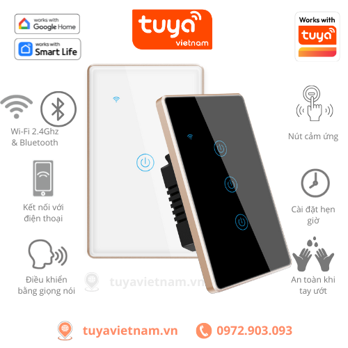 Công Tắc Cảm Ứng Thông Minh Wifi TUYA Cao Cấp Viền Vàng, Hình Chữ Nhật, APP SmartLife, BH 1 Năm