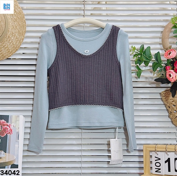 34042-Áo 2CT gile nơ xanh xám