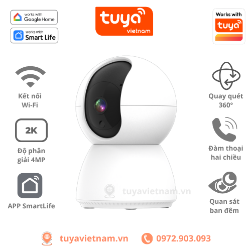 Camera Wifi TUYA Trong Nhà 3MP, Xoay 360 độ, Theo Dõi Chuyển Động, Đàm Thoại 2 Chiều, APP SmartLife