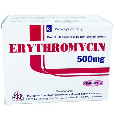Thuốc Erythromycin 500mg Mekophar Điều trị nhiễm khuẩn đường hô hấp (Hộp 10 vỉ x 10 viên)