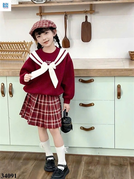 34091- Set váy caro nơ đỏ