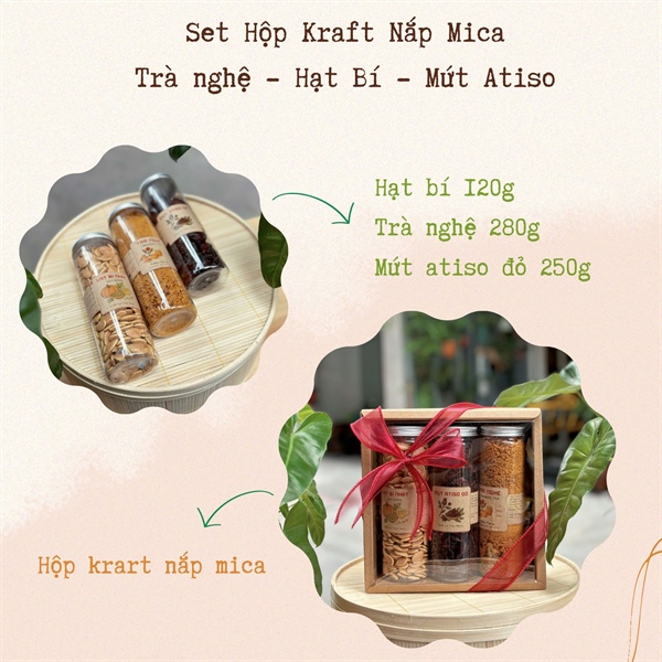 Set 3 - Hạt Bí, Mứt Atiso, Trà Nghệ - Hộp Kraft