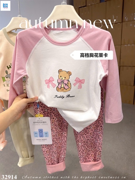 32914-Bộ KK-Teddy Bear Đính Nơ Hồng