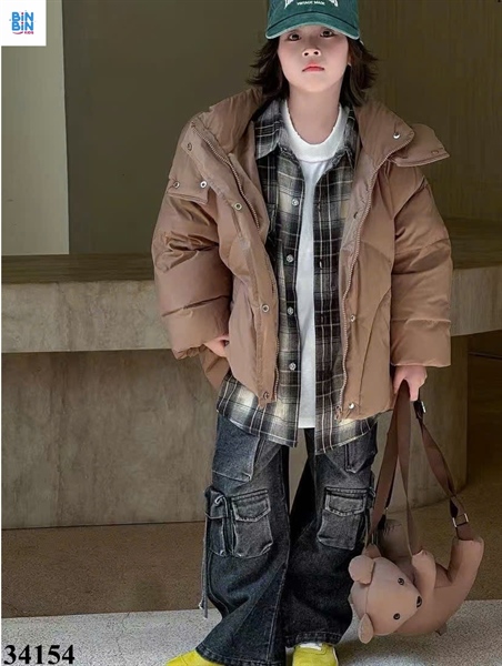 34154- Khoác phao Nâu mũ vũ trơn