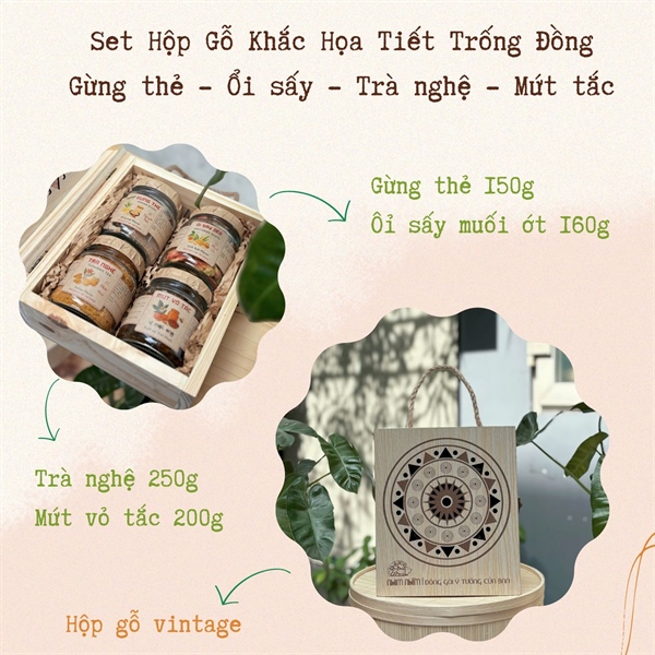 Set 4 Hũ TT - Ổi sấy dẻo, Trà nghệ, Tắc mật ong, Gừng thẻ - Hộp Gỗ