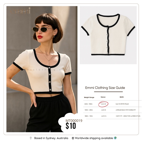 Black and White Trimmed Buttoned Crop Top for Slim Frames