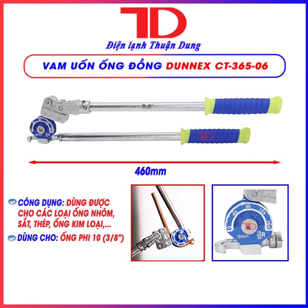 Vam uốn ống đồng DUNNEX, model CT-365-06A, dùng cho ống phi 10 (3/8"), dùng cho ống nhôm, sắt, thép không gỉ, ống kim loại khác, tay cầm điều chỉnh 90 độ (thùng 12 cái)