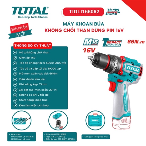 Máy khoan búa không chối than dùng pin 16V Total TIDLI166062