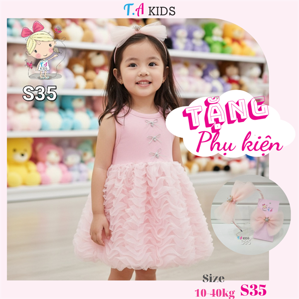 S35 (10-40kg) Váy hồng đính 3 nơ