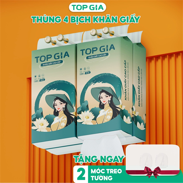Khăn giấy rút treo tường TopGia Sắc Việt 1280 tờ, 1 thùng 4 bịch, tặng móc treo