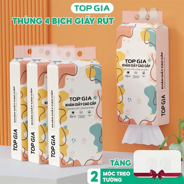 Khăn giấy rút treo tường TopGia đa sắc đa năng từ bột giấy thiên nhiên 1280 tờ, 1 thùng 4 bịch, tặng móc treo