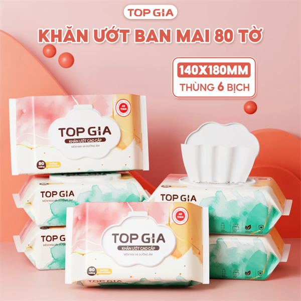 Khăn ướt cao cấp Top gia 80 tờ, 1 thùng 6 bịch, mềm mại không mùi không parabens dành cho em bé