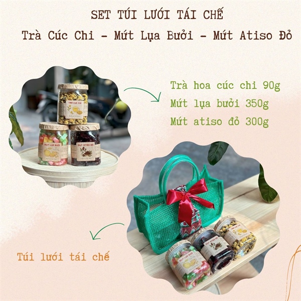 Set 3 - Mứt Bưởi, Mứt Atiso, Trà Hoa Cúc - Túi Lưới