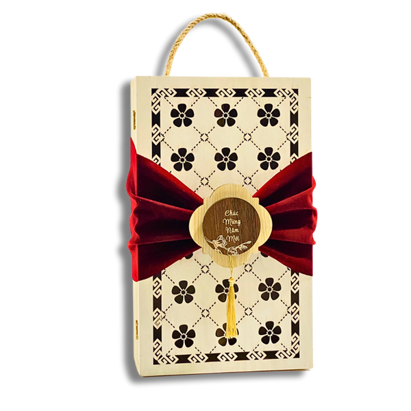 Hộp gỗ đựng rượu phối phụ kiện nơ vải nhung độc đáo