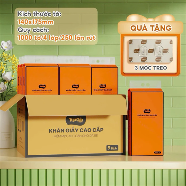 Thùng 9 Bịch Giấy Rút Đáy TOPGIA Cam - Bột Gỗ Nguyên Sinh, 1000 Tờ Chất Lượng Cao Siêu Tiết Kiệm