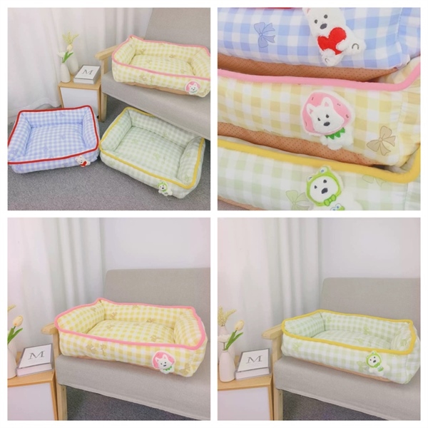 GX - Đệm chữ nhật hoa tiết nơ và caro gắn thú bông 50*60cm