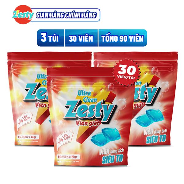 Combo 90 Viên Nước Giặt Quần Áo Dạng Viên - 3 Túi 30 Viên - Siêu Sạch Tiện Dụng - Tan Nhanh Không Cặn