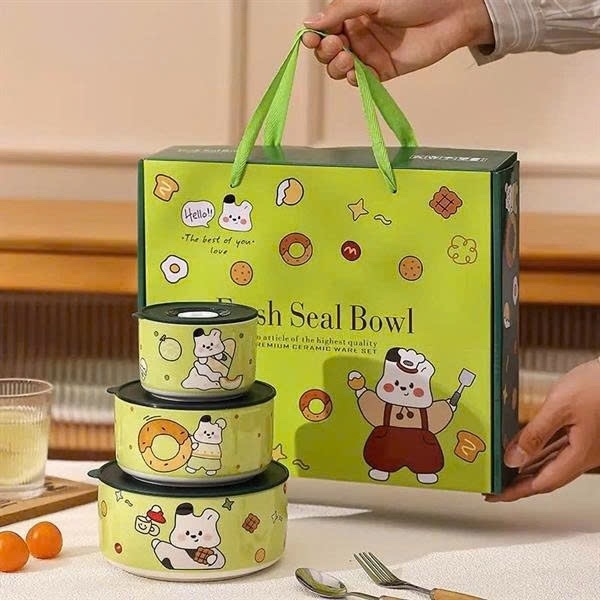 Set 3 Thố Sứ Cao Cấp Gấu Màu Bơ ( Thùng 20 )