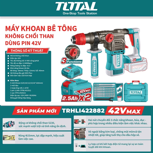 MÁY KHOAN BÊ TÔNG KHÔNG CHỔI THAN DÙNG PIN 42V TOTAL TRHLI422882