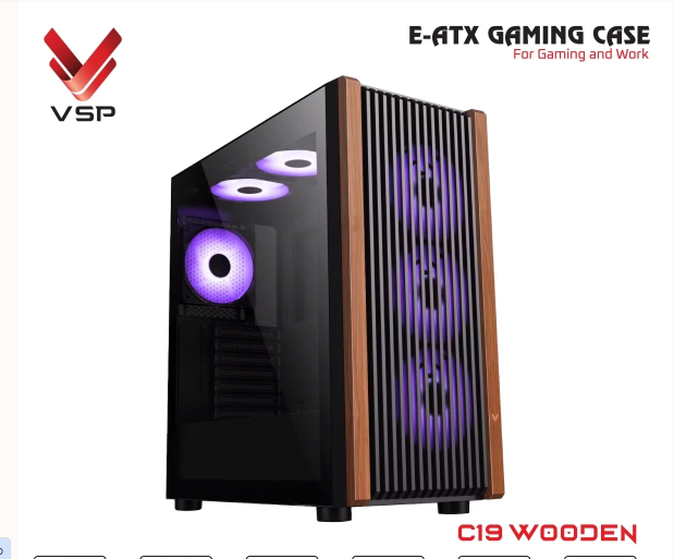 CASE VSP C19 WOODEN BLACK + 1 FAN LED (BAO PHÍ LẮP ĐẶT)