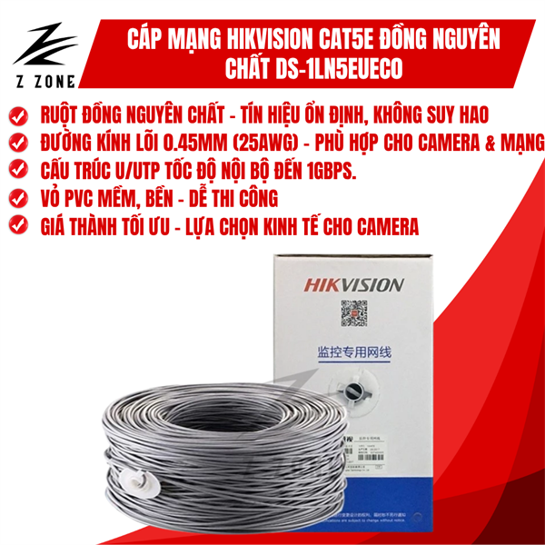 Dây cáp mạng Cat5e Hikvision DS-1LN5EUEC0 Dây 8 Lõi Đồng - Chuyên Camera POE