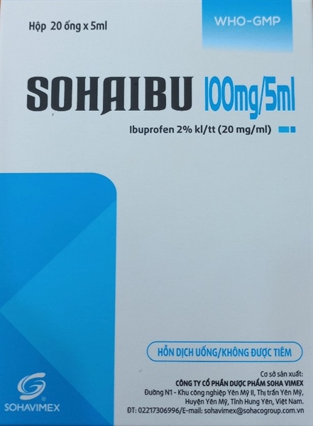 Hỗn dịch uống Sohaibu 100mg/5ml (Ibuprofen 2% kl/tt 20mg/ml) (H*20 ống x 5ml) - Sohaco