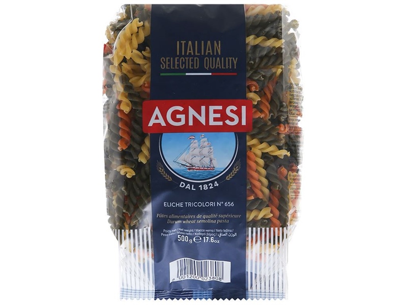 Nui xoắn rau củ 3 màu Eliche Tricolori Agnesi 500g