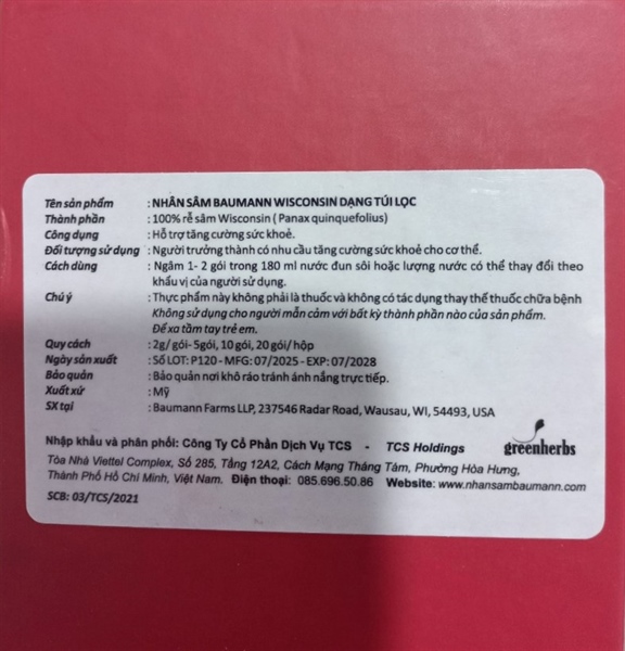 Nhân sâm Baumann Wisconsin dạng túi lọc 2g - USA 2