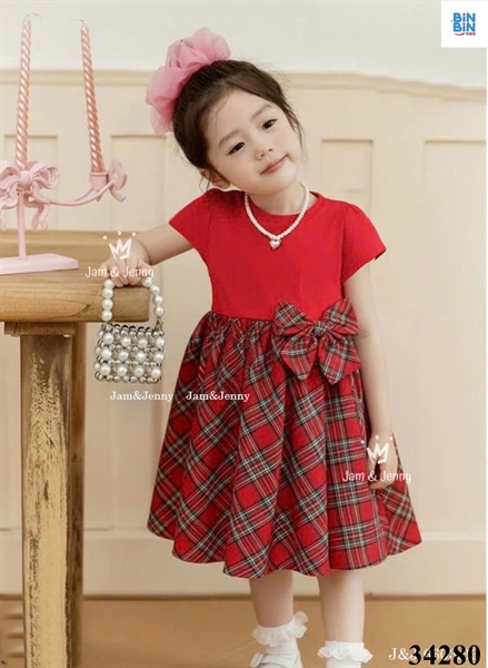 34280- Đầm đỏ caro đính nơ eo