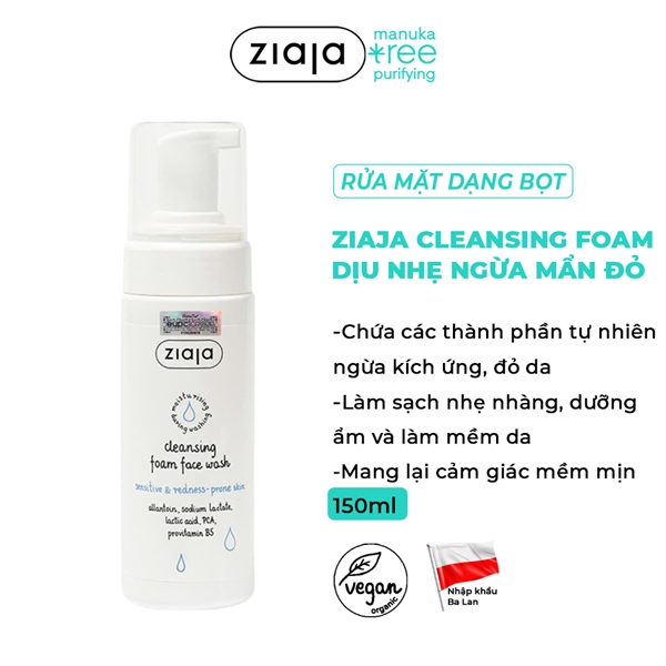 Rửa Mặt Dạng Bọt Ziaja Cleansing Foam Face Wash Sensitive & Redness-Prone Skin Siêu Diu Nhẹ - Ngừa Mẩn Đỏ 150ml