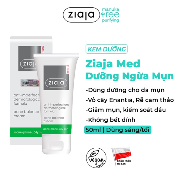 Kem Dưỡng Ziaja Med Anti-Imperfections Acne Cream Giảm Mụn Ngừa Khuẩn 50ml