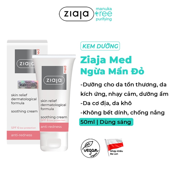 Kem Dịu Nhẹ Ngừa Mẩn Đỏ Ziaja Med Skin Relief Dermatological Formula Soothing Cream Anti-Redness 50ml