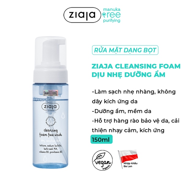 Rửa Mặt Dạng Bọt Ziaja Cleansing Foam Face Wash Dry, Sensitive Skin Siêu Diu Nhẹ Dưỡng Ẩm Làm Mềm 150ml