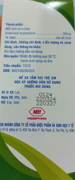 Siro Ambroxol 30mg/5ml (Ambroxol hydroclorid 30mg) (Hộp 1 chai x 100ml) - Sinh học y tế 2
