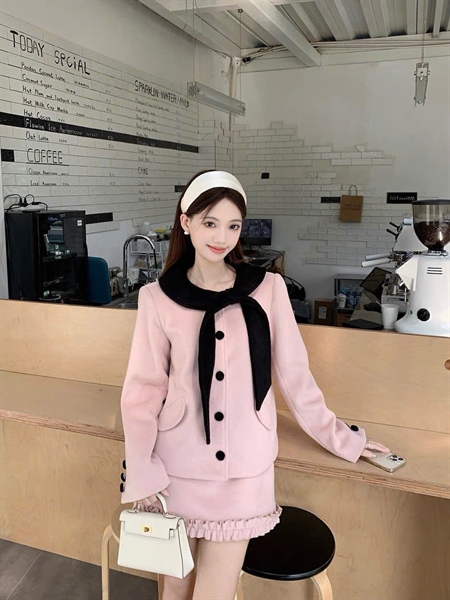 [AH] Set áo khoác dạ cúc bọc kèm chân váy A