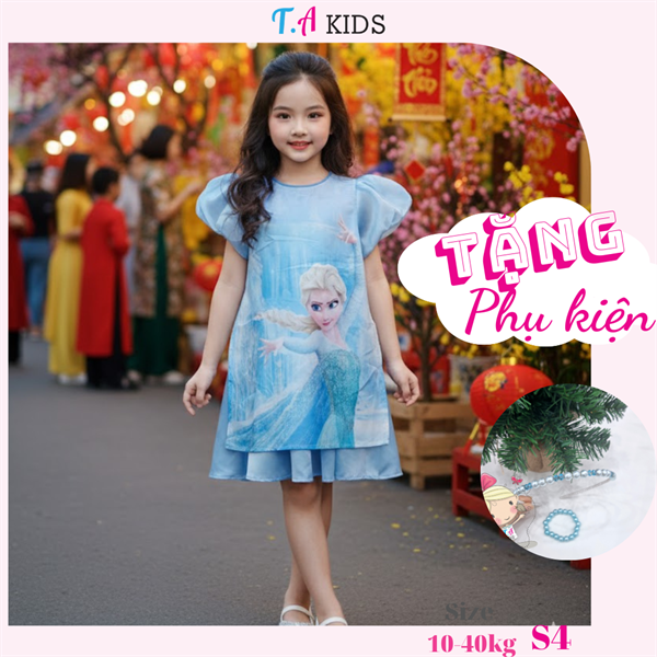 S4(10-40kg) Áo dài bé gái elsa xanh