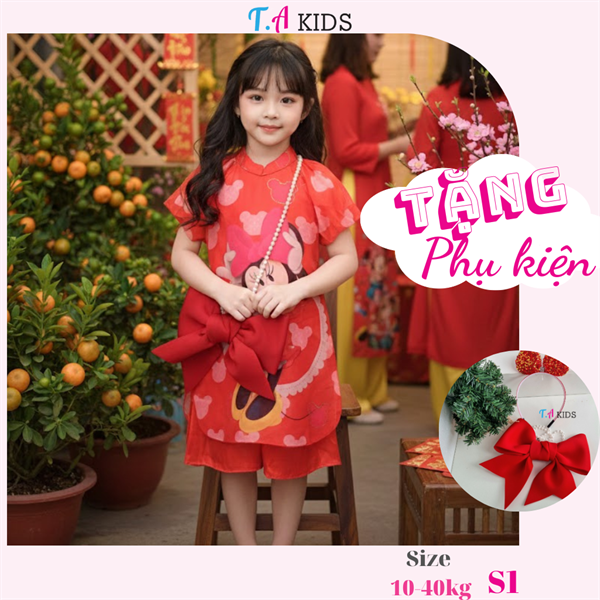 S1 (10-40kg) Áo dài bé gái đỏ mickey