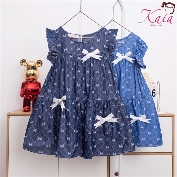 Đầm Bé Gái Denim Nơ Trắng Dáng Xòe Size 4-14 | Bé 12-35kg