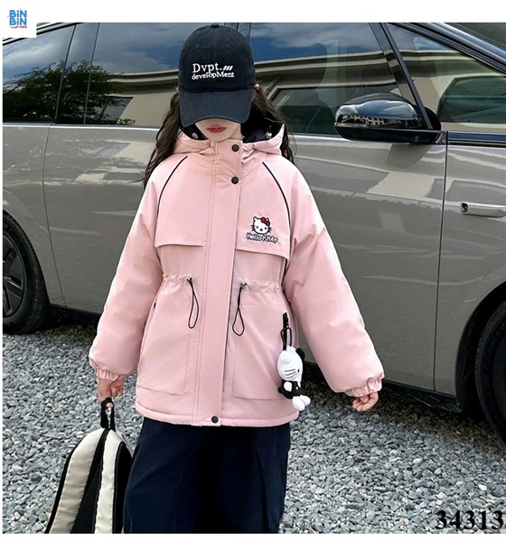 34313-Áo Khoác Phao Thô Lót Lông Kitty Hồng