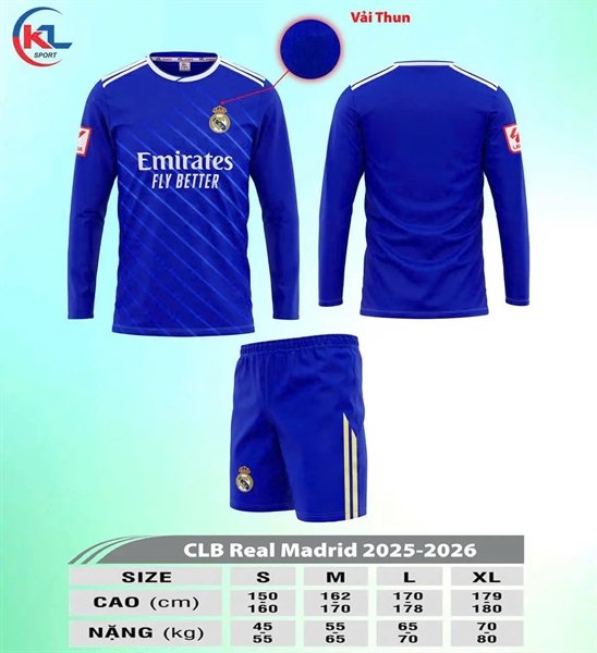 Bộ bóng đá tay dài Real - Xanh Bích