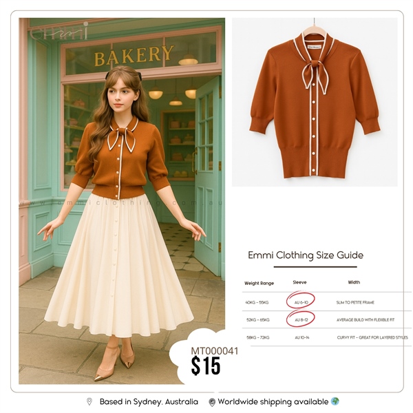 Brown Collar Bow Knit Top with Skirt
