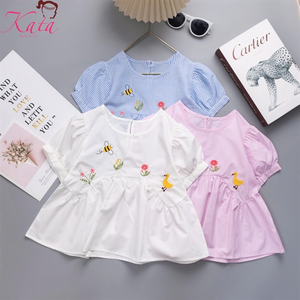 Áo Bé Gái Thêu Hoa Ong Vịt 25-55kg | Áo Kiểu Tay Phồng Dễ Thương Kata Fashion