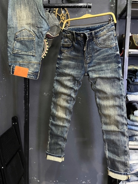 Jean Dài VIP -JD6973 Xanh was Retro lau dơ viền túi