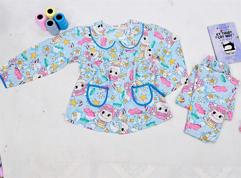 Bộ tole lanh - Tay dài quần dài cổ sen viền lé và 2 túi áo viền cho mẹ TH