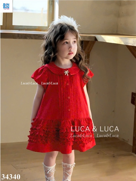 34340-Đầm sọc đỏ tay phồng