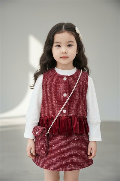 Set váy 4 chi tiết gile dạ đỏ Cindy 3572