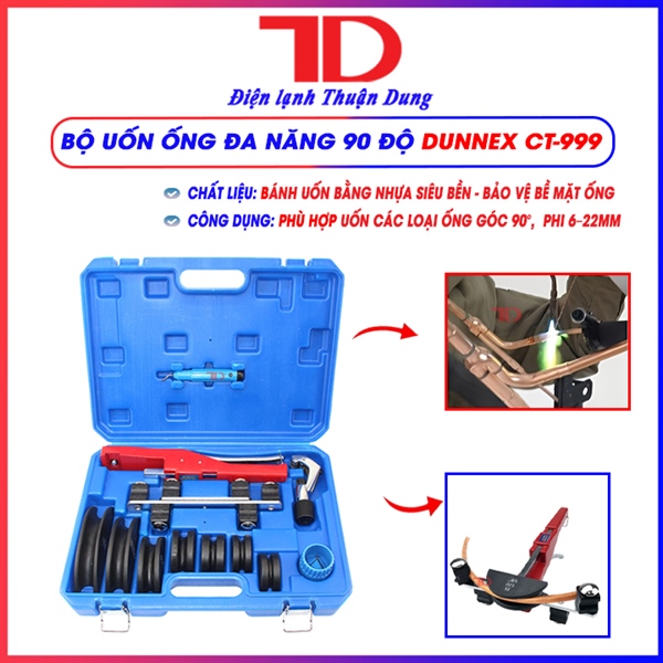 Bộ uốn ống đa năng 90 độ (máy uốn kết hợp thủ công) Dunnex CT-999, kèm CT-274, CT-207, CT-208 dùng cho ống phi 6-22mm, bánh nhựa (thùng 4 cái)
