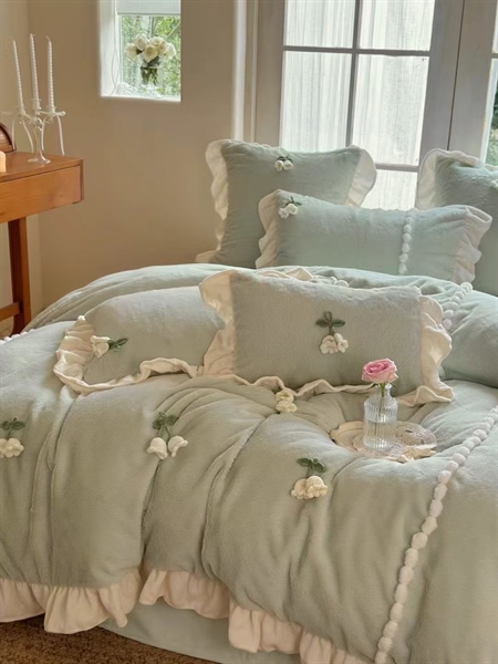 Bộ ga Hoa chuông | Lông nhung thỏ - Thêu hoa nổi, viền lá sen - DF01.XANH